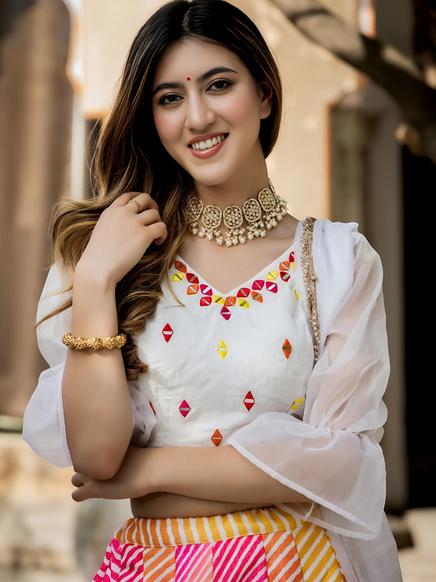 Multicolor Leheriya Printed Lehenga Choli with White Dupatta