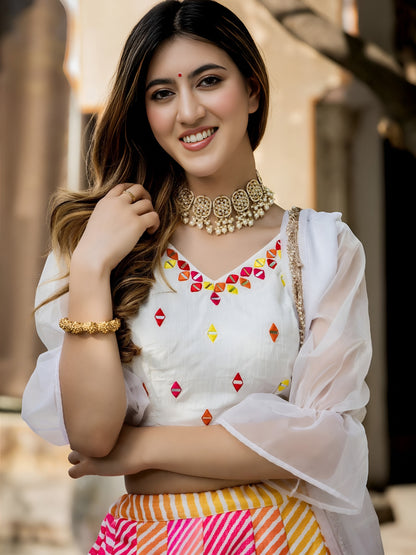 Multicolor Leheriya Printed Lehenga Choli with White Dupatta