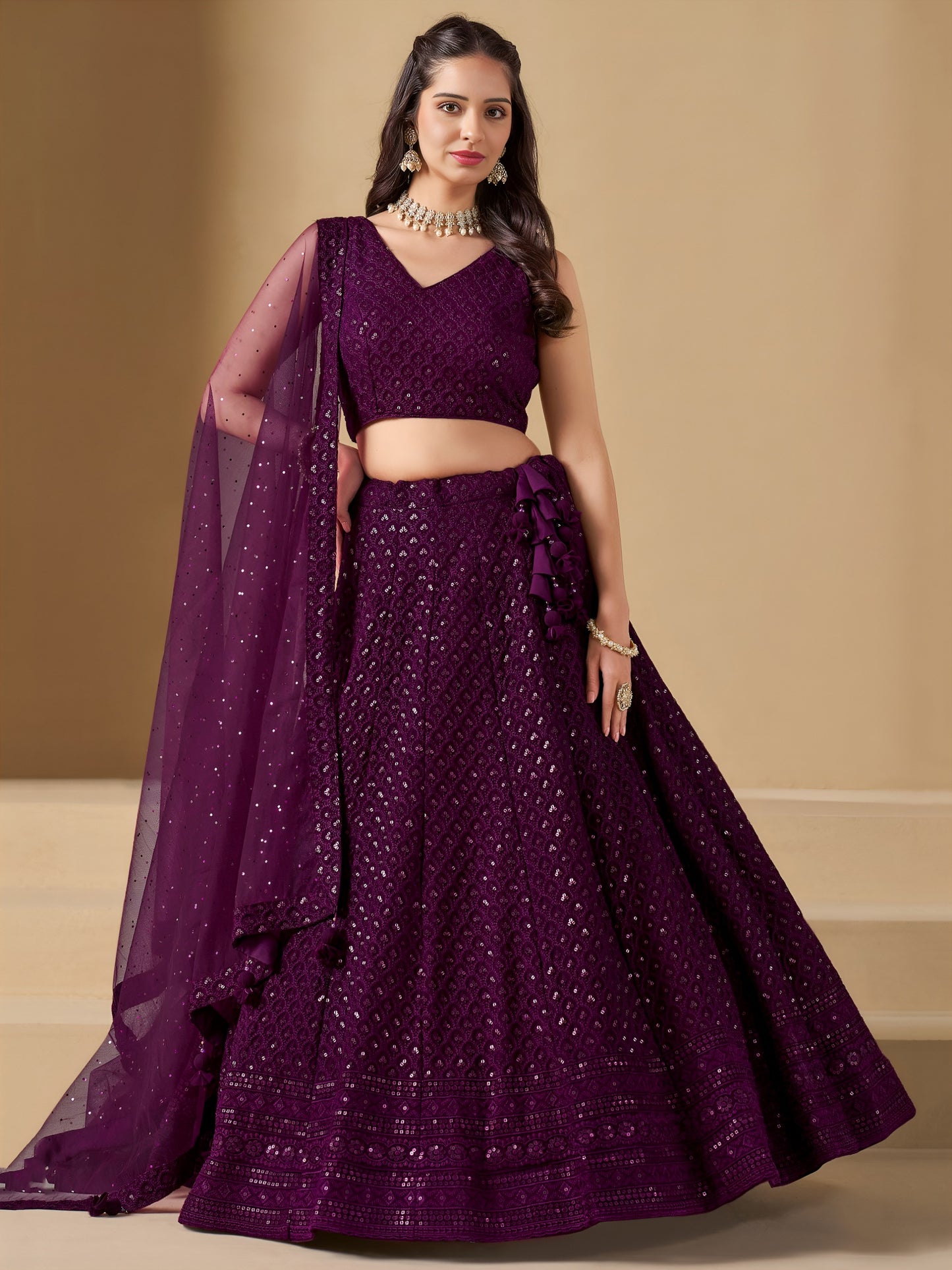 Bridesmaid Wine Georgette Lehenga Choli with Sequin & Resham Embroidery