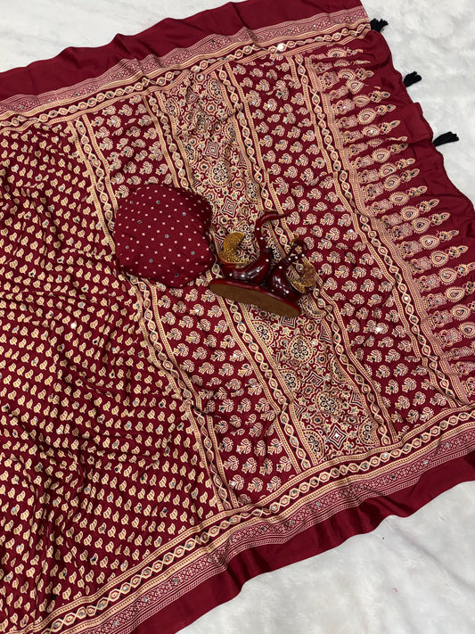 Heritage Ajrakh-print Saree with Tassels