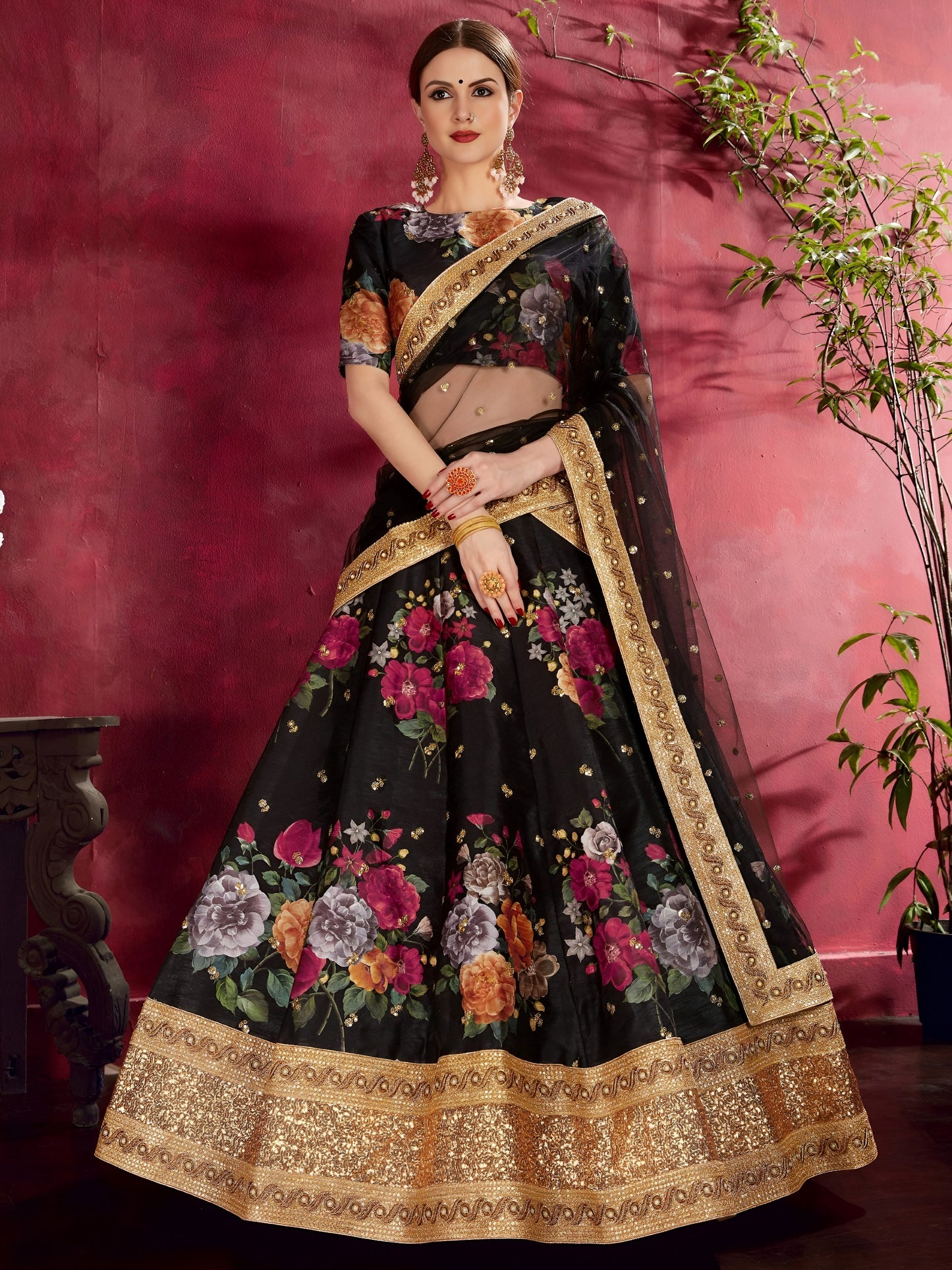 Black Floral Printed Lehenga with Designer Blouse & Net Dupatta