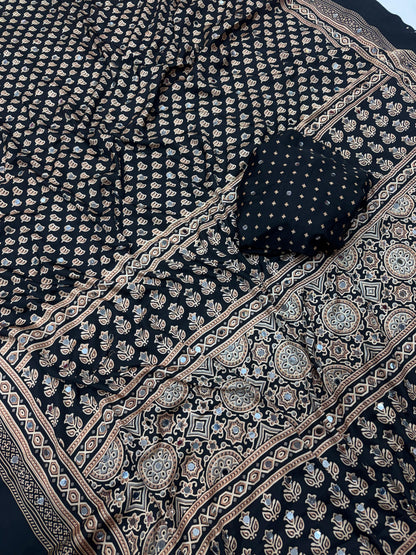 Heritage Ajrakh-print Saree with Tassels