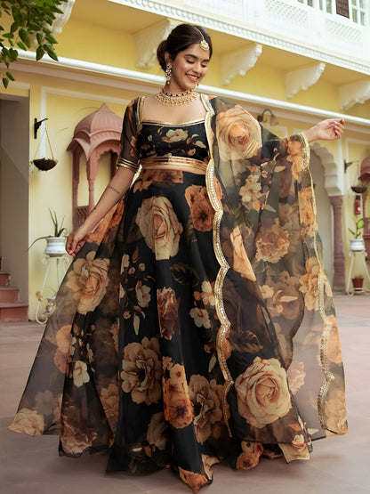Black Floral Printed Lehenga Choli with Organza Dupatta