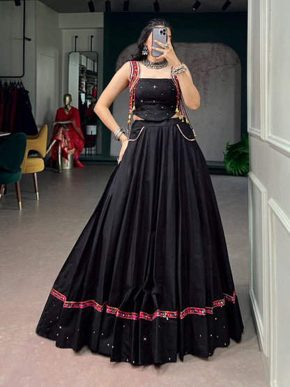 Midnight Black Mirror Work Lehenga Set with Embroidered Crop style top
