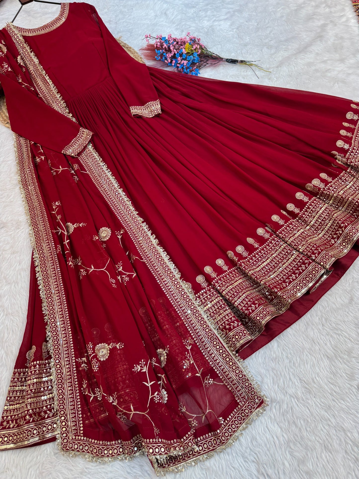Deep Maroon Georgette Embroidered Festive Anarkali Gown