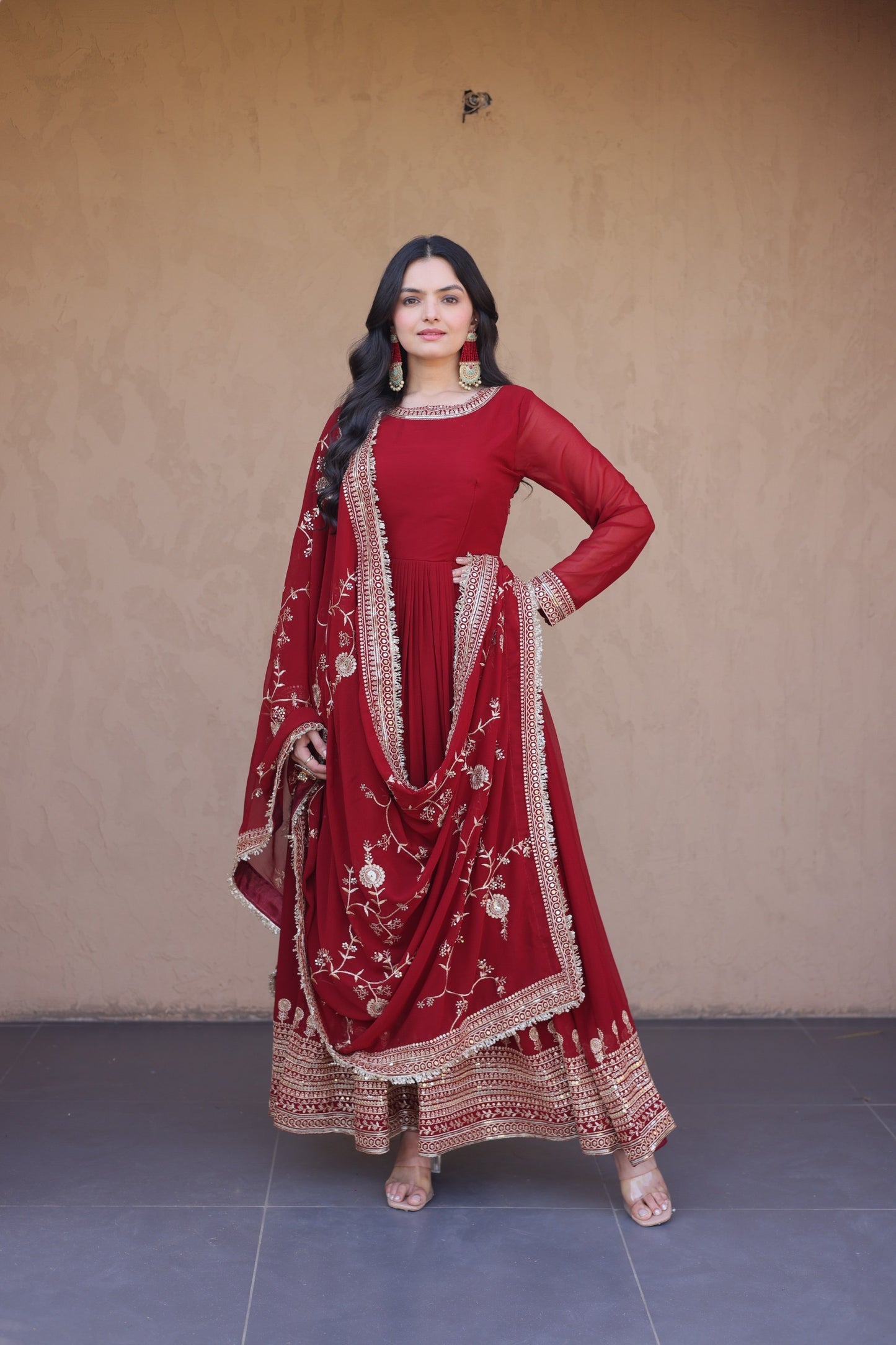 Deep Maroon Georgette Embroidered Festive Anarkali Gown