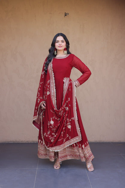 Deep Maroon Georgette Embroidered Festive Anarkali Gown