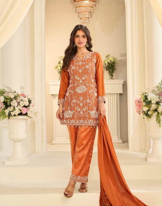 Rust Orange Silver-Thread Embroidered Short Kurti Suit Set