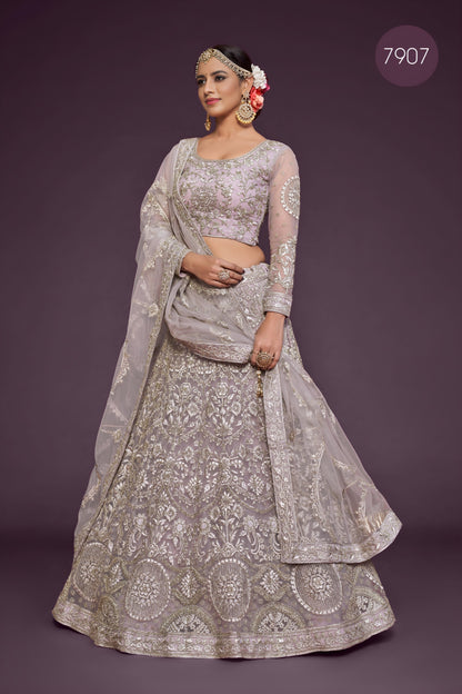Soft Lavender Heavy Embroidered Net Lehenga Choli with Dupatta