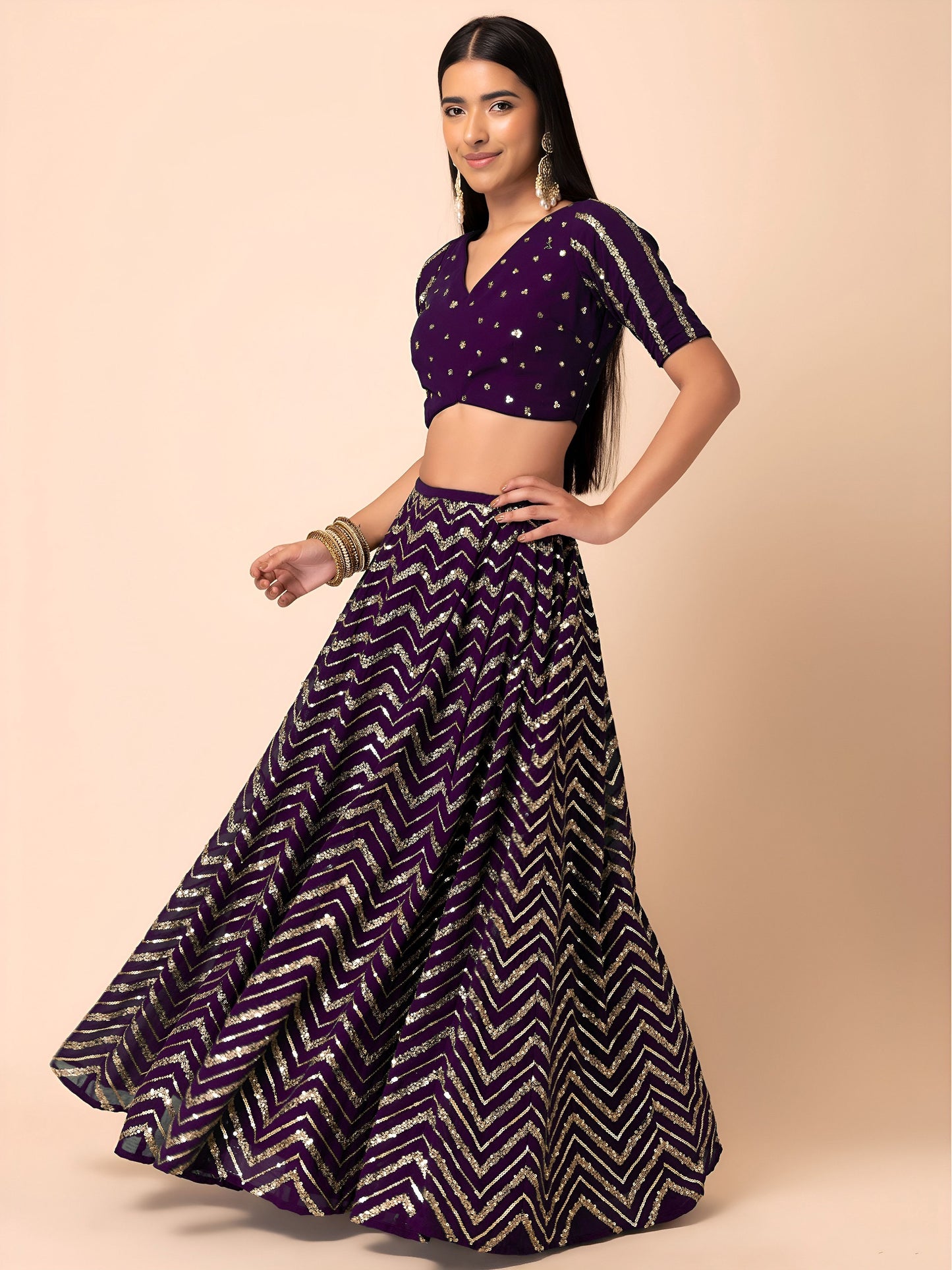 Regal Purple Zigzag Sequins Lehenga Choli