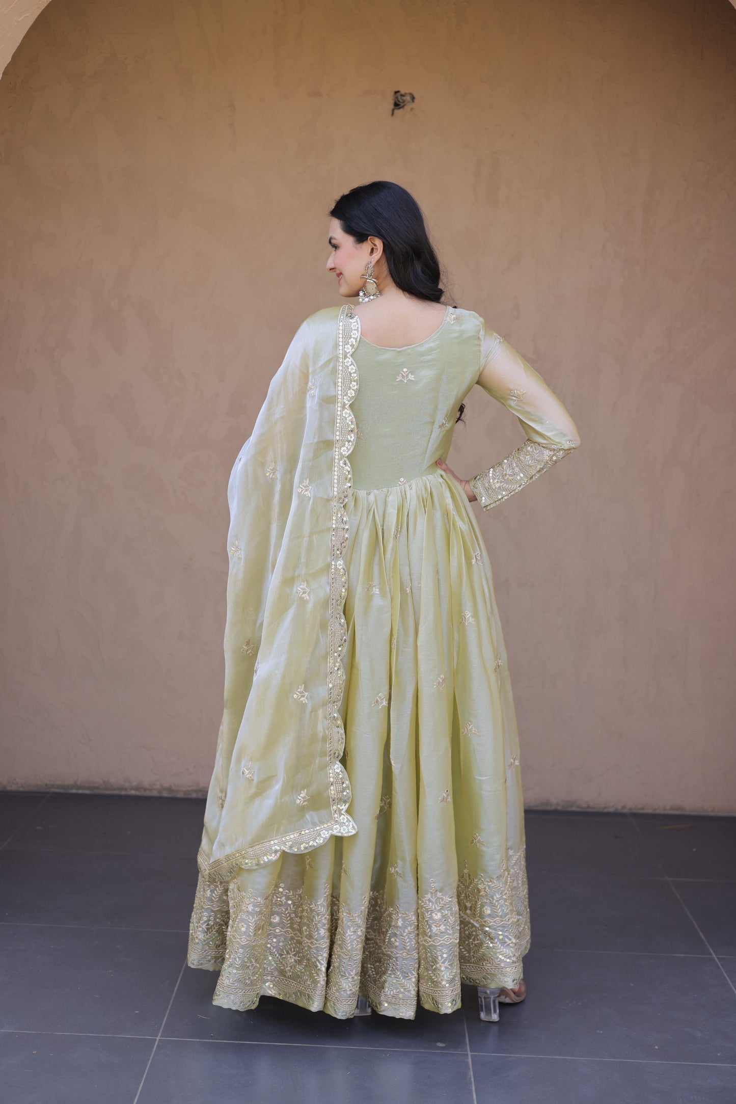 Elegant Fendi Silk Gown with Heavy Sequins & Zari Embroidery