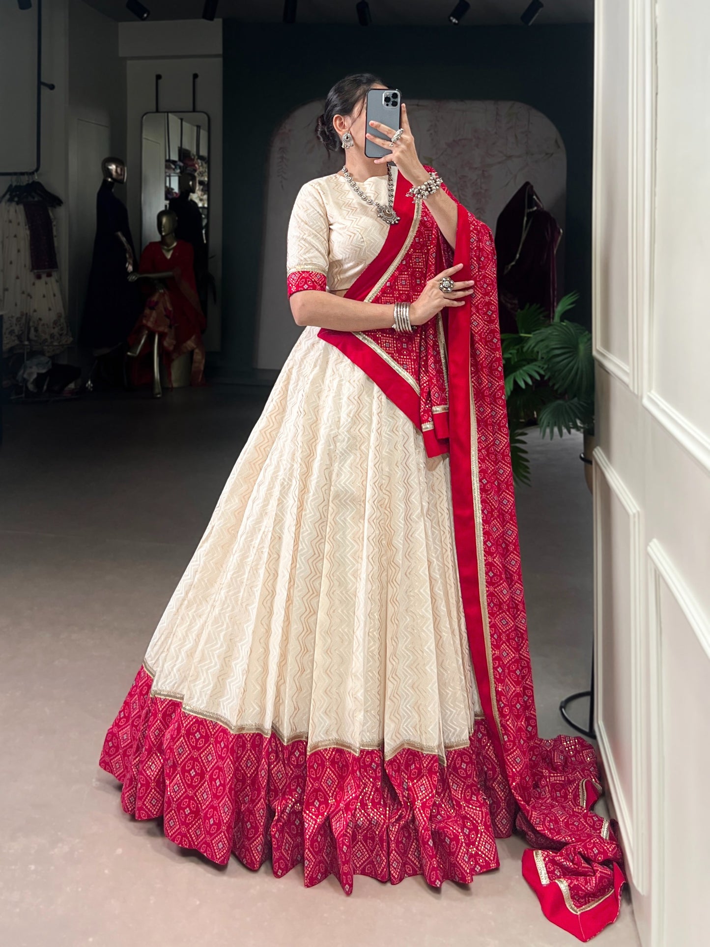 Off-White and Crimson Bandhej Print Lehenga Choli Set