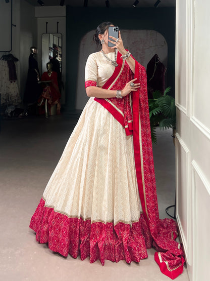 Off-White and Crimson Bandhej Print Lehenga Choli Set