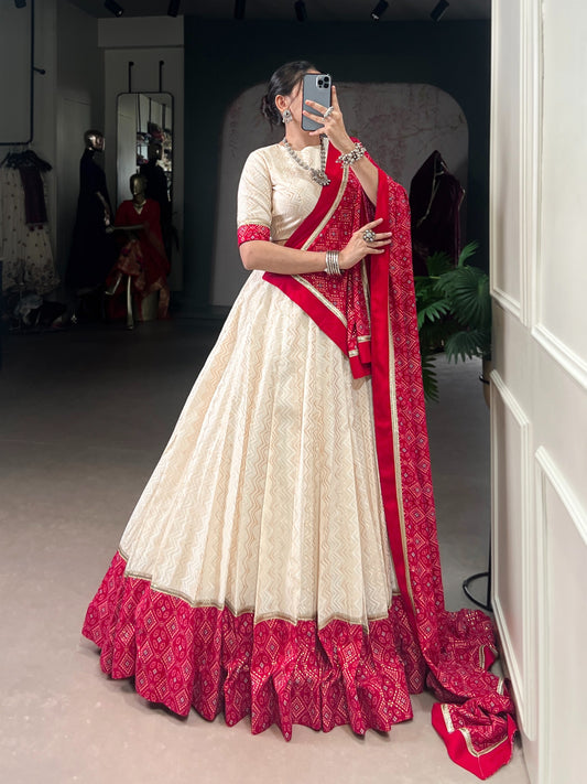Off-White and Crimson Bandhej Print Lehenga Choli Set