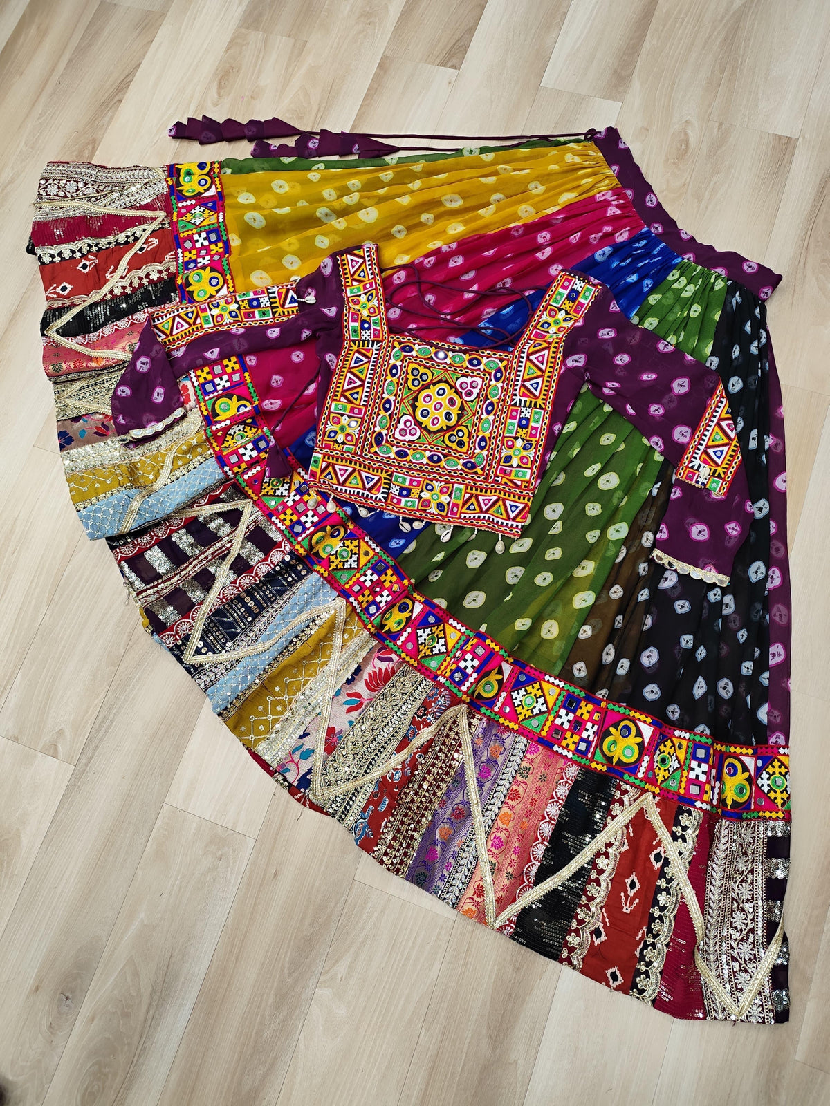 Multi-Color Bandhani & Kutchi Mirror Work Navratri Lehenga Choli