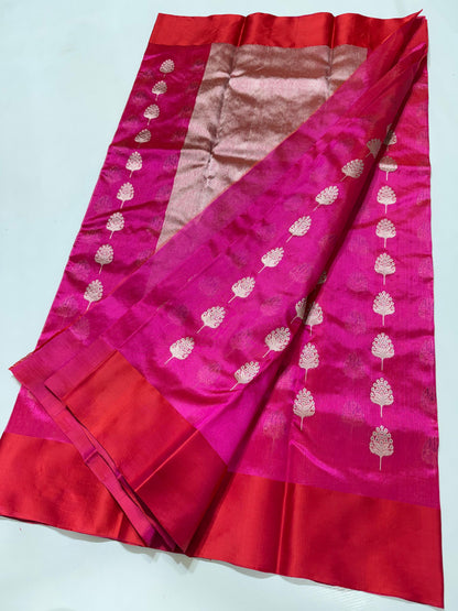 Fuchsia & Vermilion Zari Weave Chanderi Katan Silk Saree