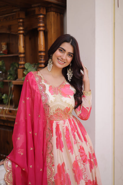 Roseate Bloom Printed Anarkali Gown