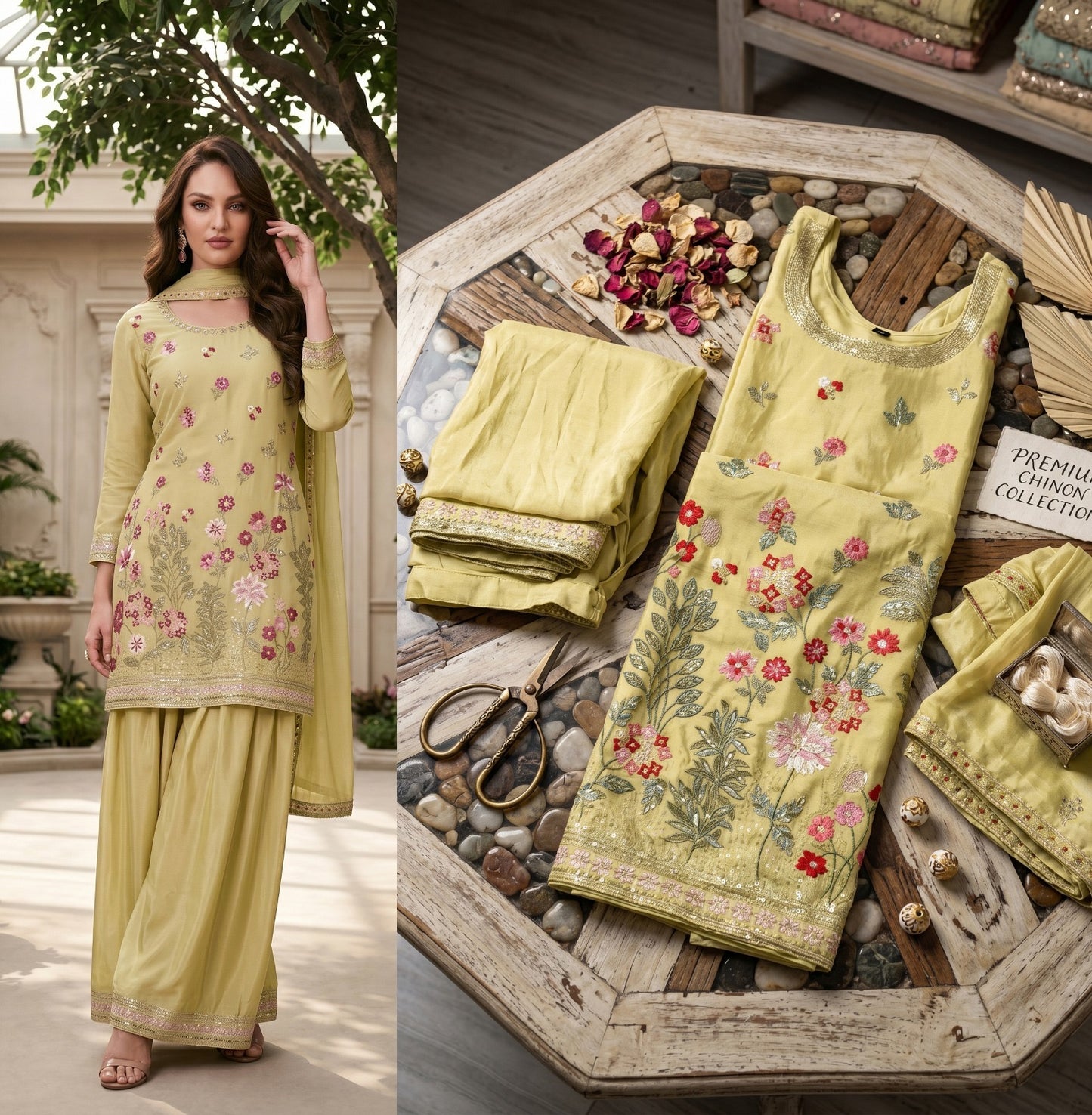 Meadow Bloom Premium Chinon Embroidered Suit Set with Dupatta