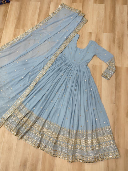 Gold Trimmed Festive Gown with Dupatta