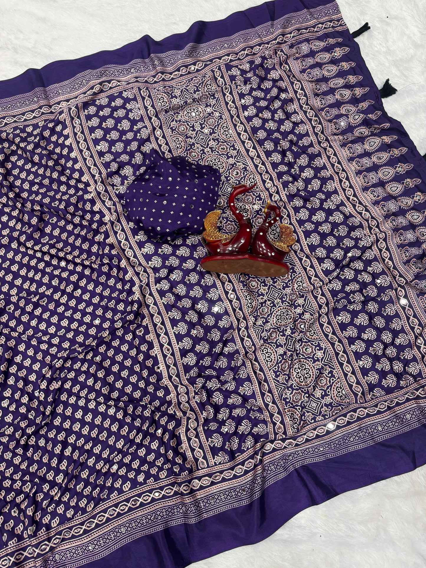 Heritage Ajrakh-print Saree with Tassels