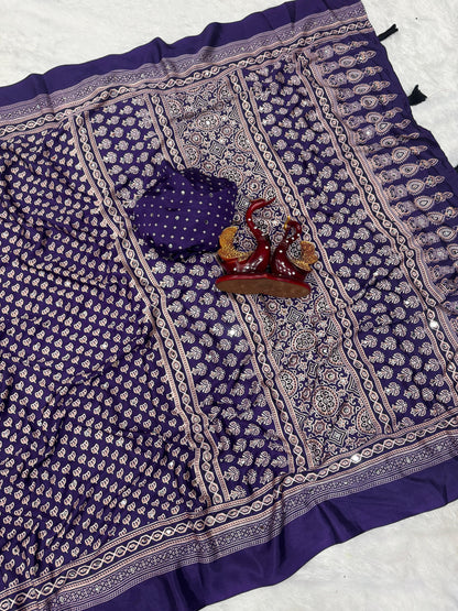Heritage Ajrakh-print Saree with Tassels