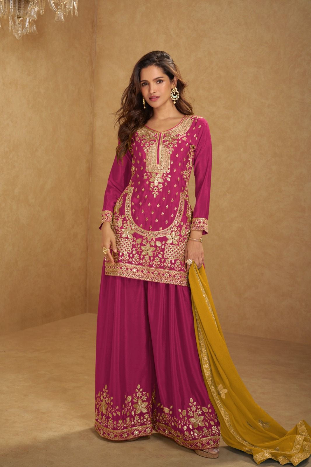 Heavy Zari Work Chinnon Plazo Suit with Contrast Dupatta