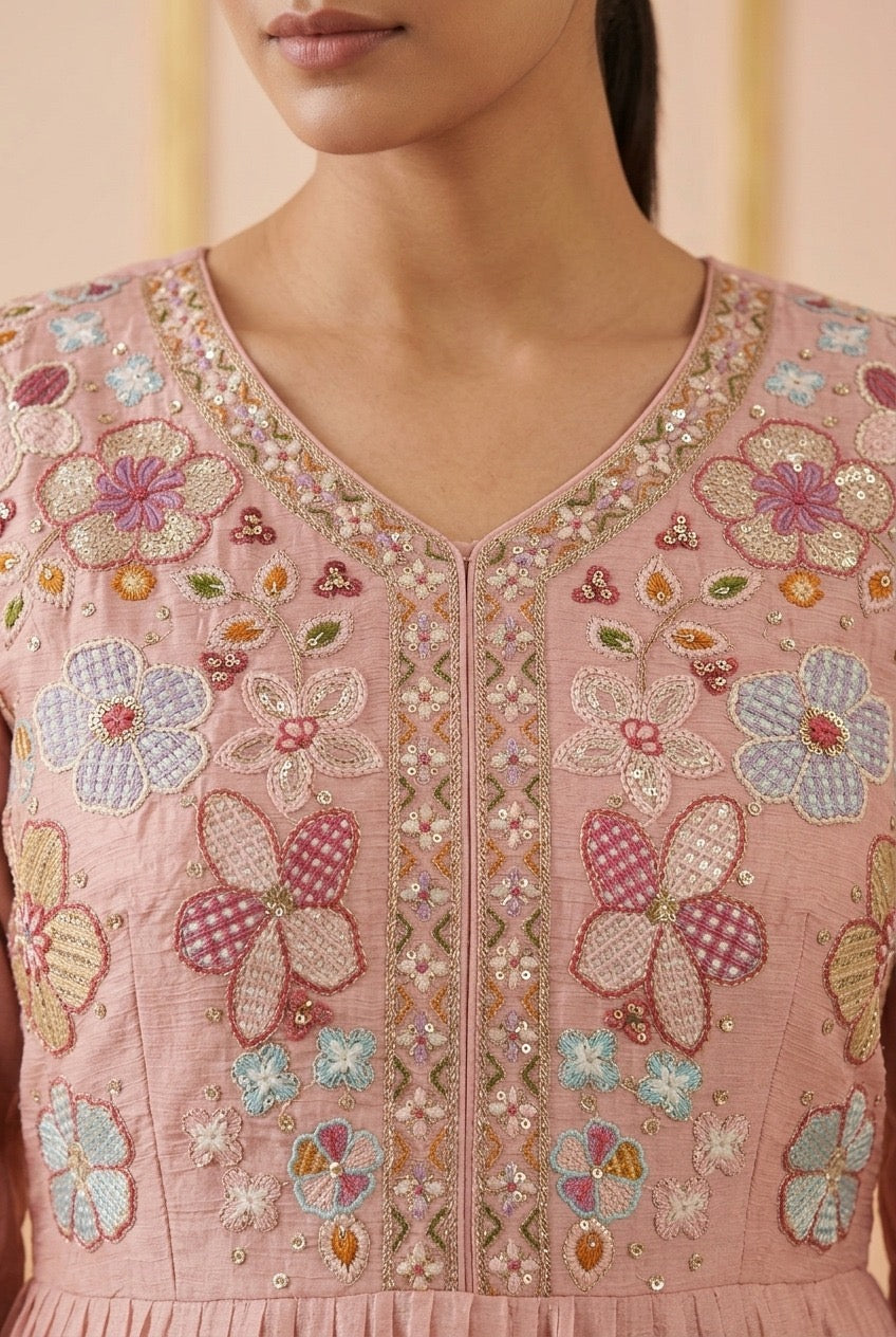 Floral Embroidered Frock-Style Chinon Sharara Set with Dupatta