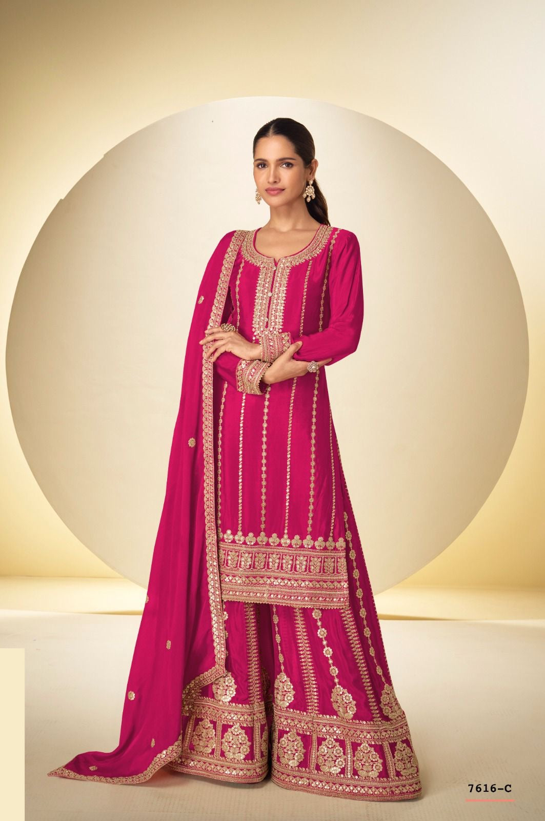 Embroidered Real Chinon Plazo Kurta Set with Dupatta