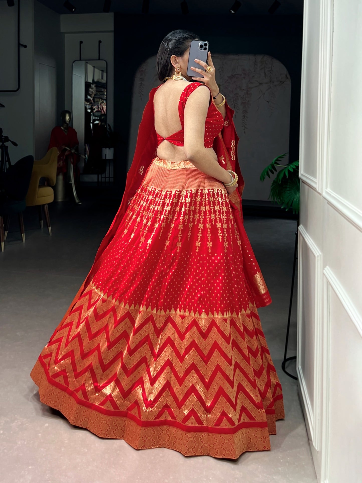 Regal Banarasi Silk Lehenga Choli with Zari Weaving & Dupatta