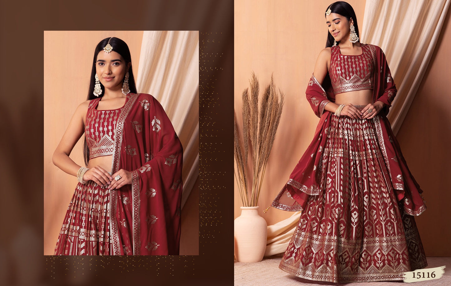 Traditional lehenga choli, featuring intricate metallic foil work