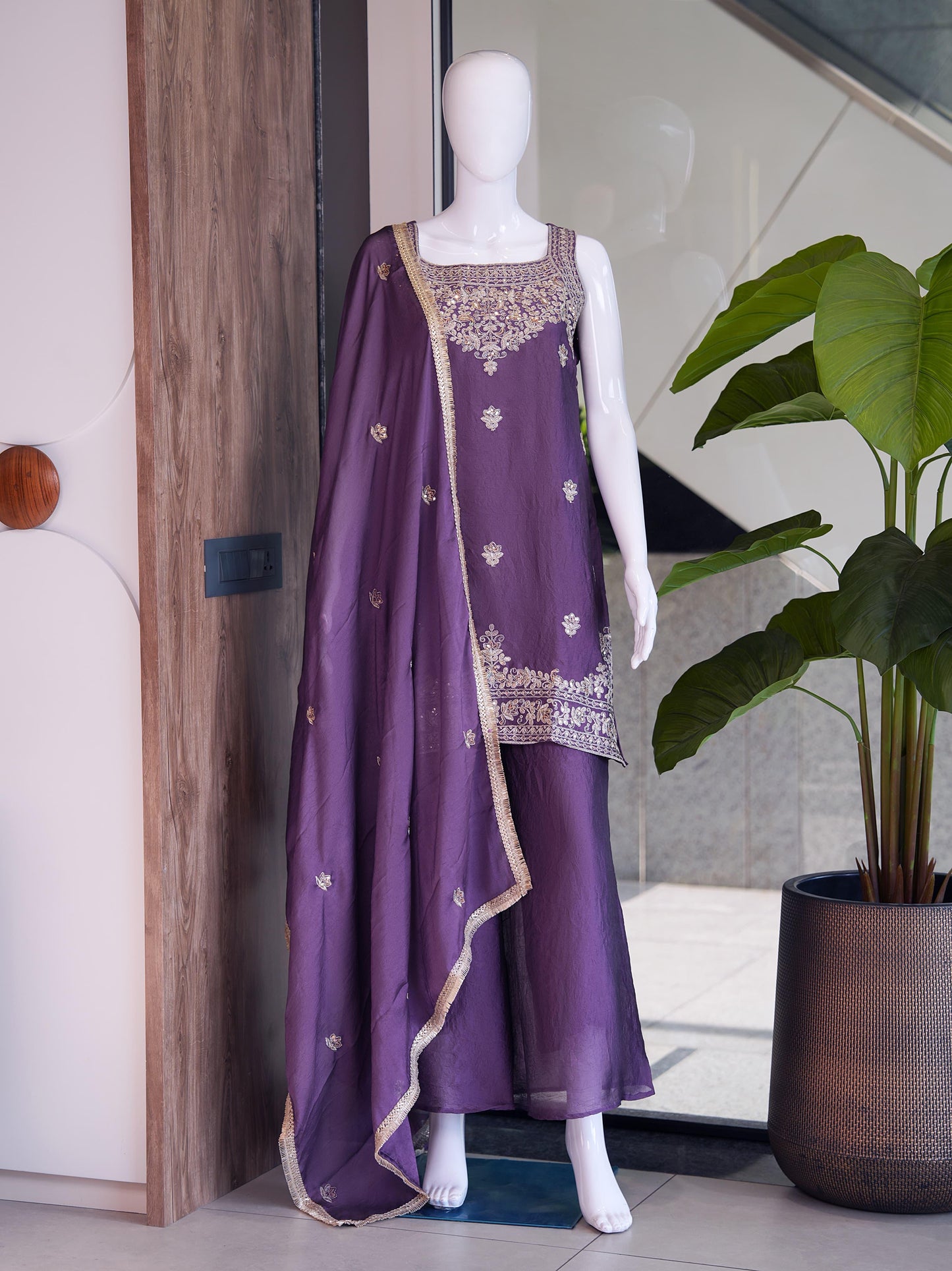 Gold Zari Rangoli Crush Straight-Cut Kurta Palazzo Set with Dupatta