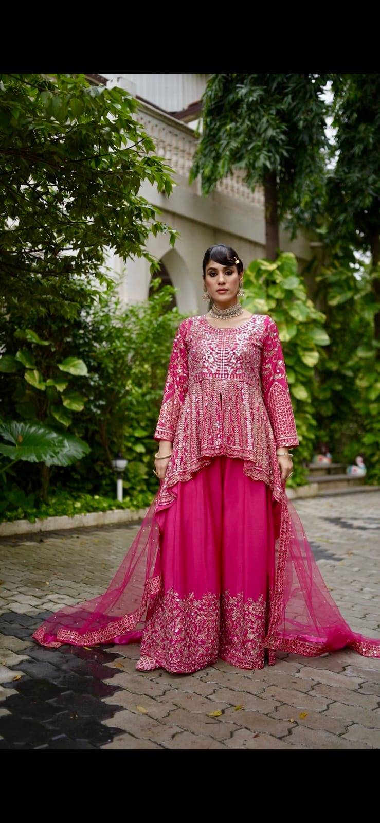 Chinon Sharara Set with Real Mirror Embroidery & Net Dupatta