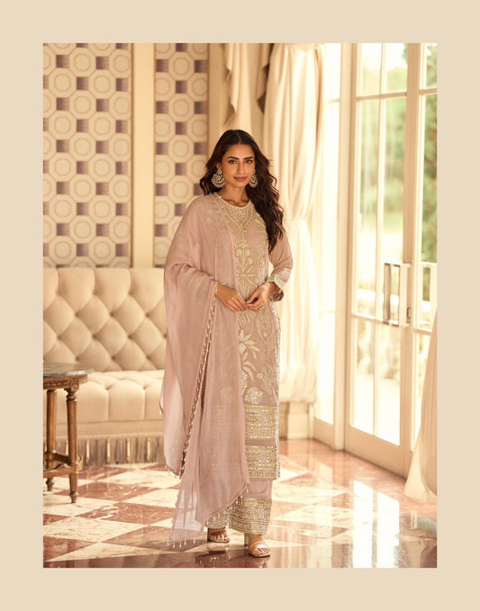 Designer Georgette Beads Embroidered Top with Plazzo - Complete Suit Set