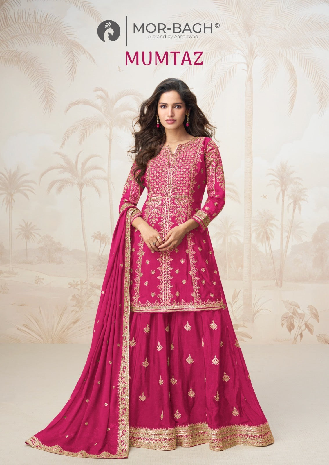 Mor-Bagh Mumtaz Premium Chinon Silk Plazo Kurti Set with Zari Work & Dupatta