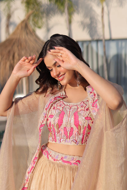 Champagne Gold Sindur Silk Lehenga Choli with Shrug