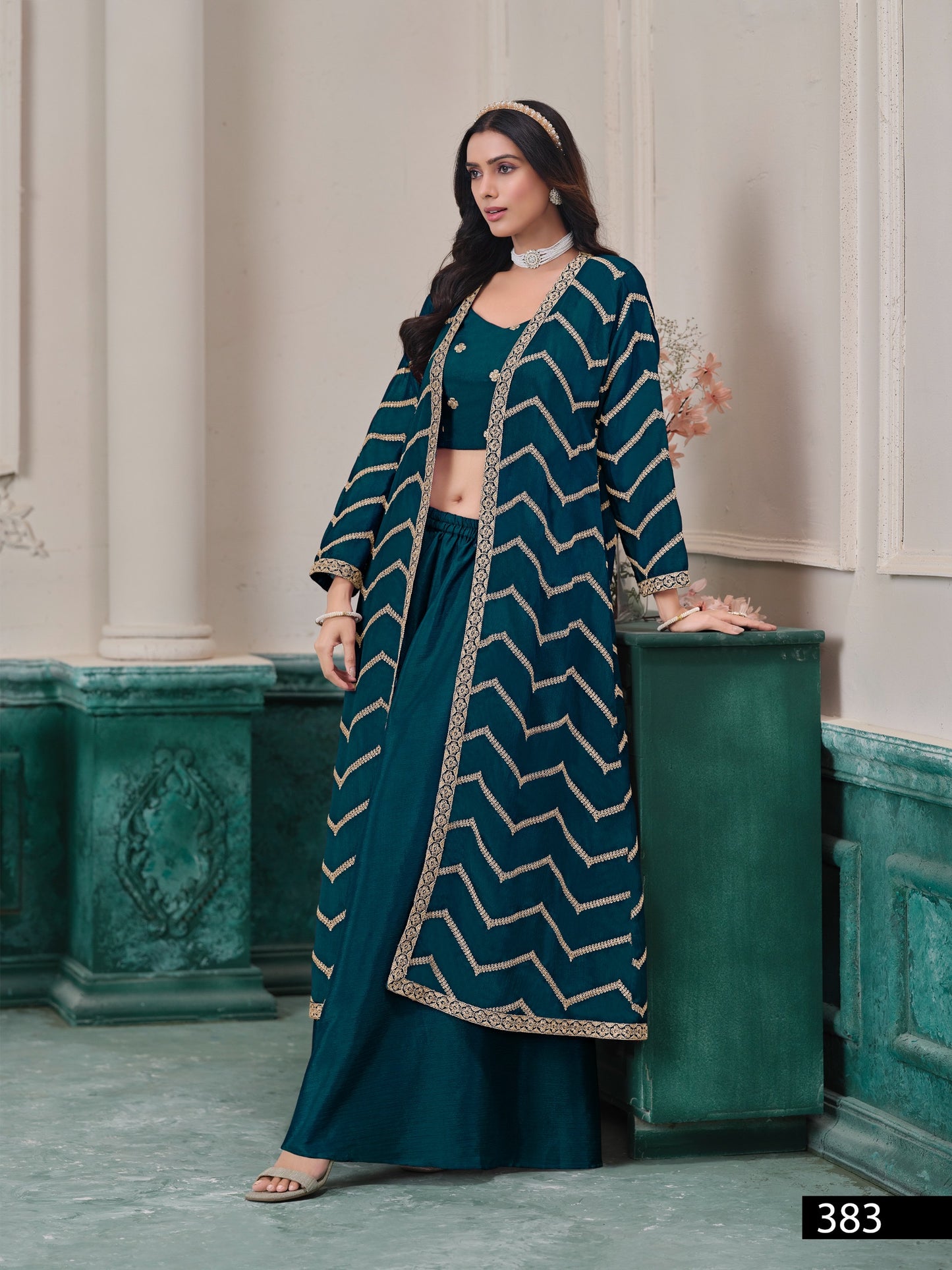 Chevron Zari Work Long Shrug Set with Crop Top and Palazzos