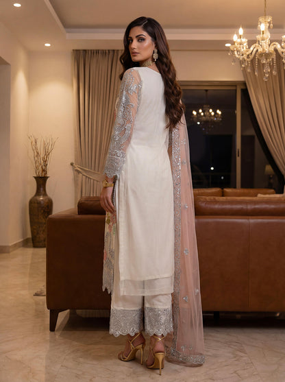 Ivory charm with delicate silver embroidery suit