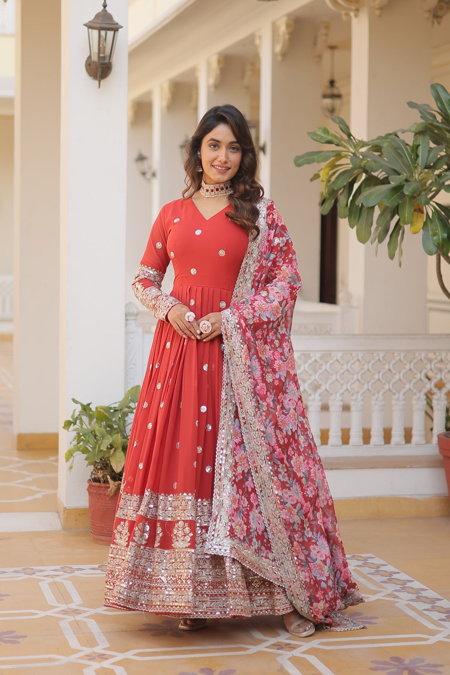 Floor-Length Anarkali gown with a vibrant Floral Dupatta