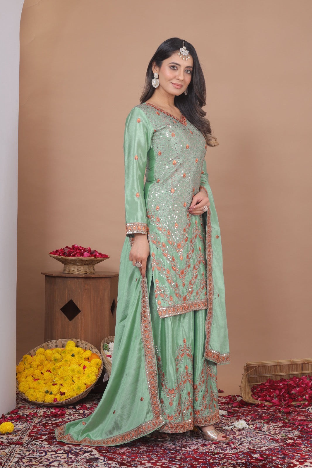 Designer Chinon Sharara Suit Set with Sequin Embroidery & Dupatta