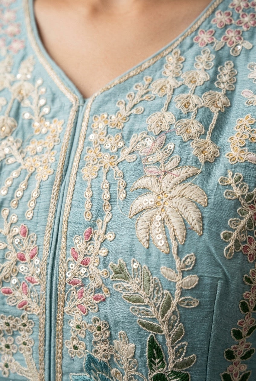 Floral Embroidered Frock-Style Chinon Sharara Set with Dupatta