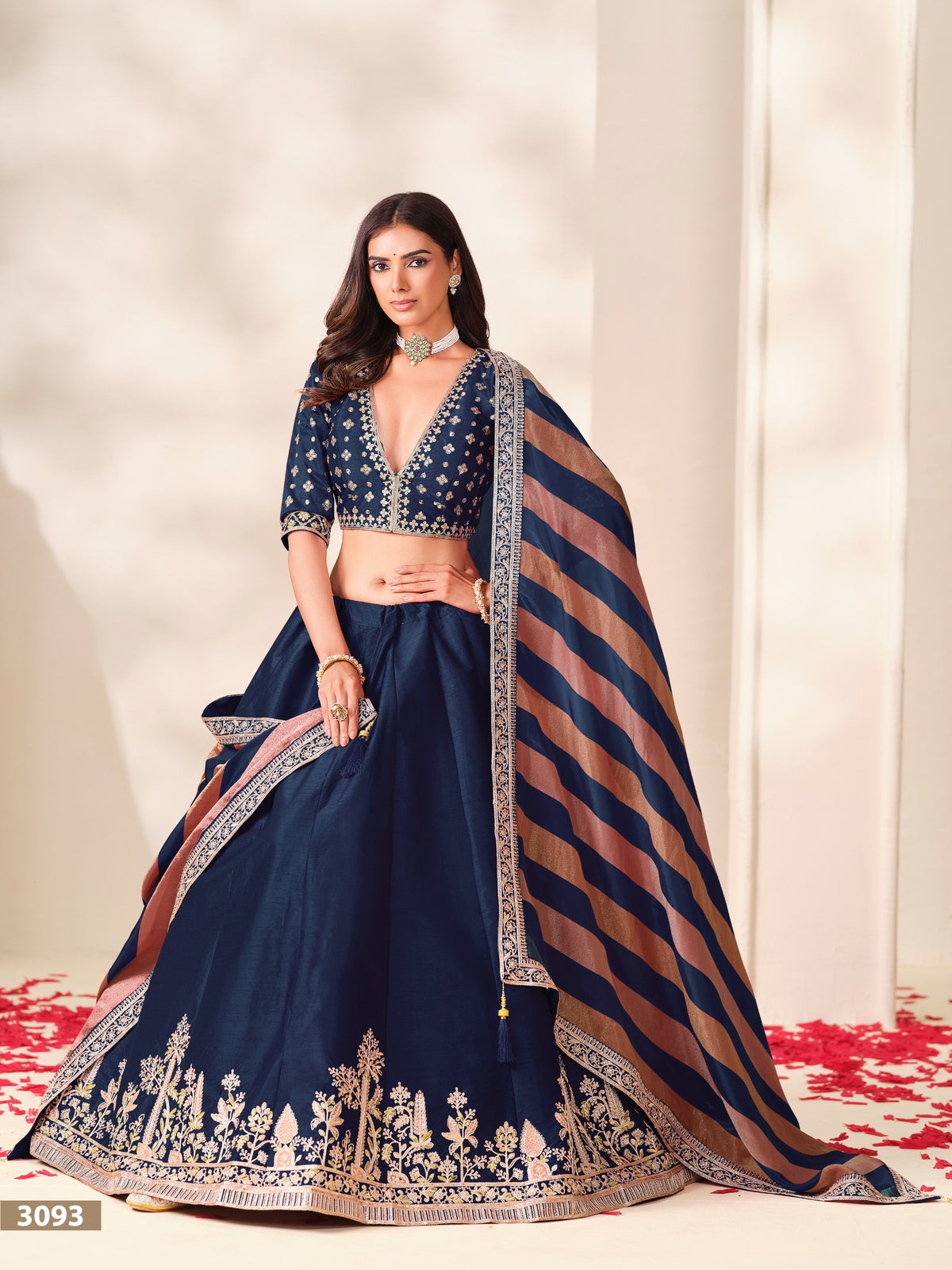 Embroidered Art Silk Lehenga Set with Gold-Striped Dupatta