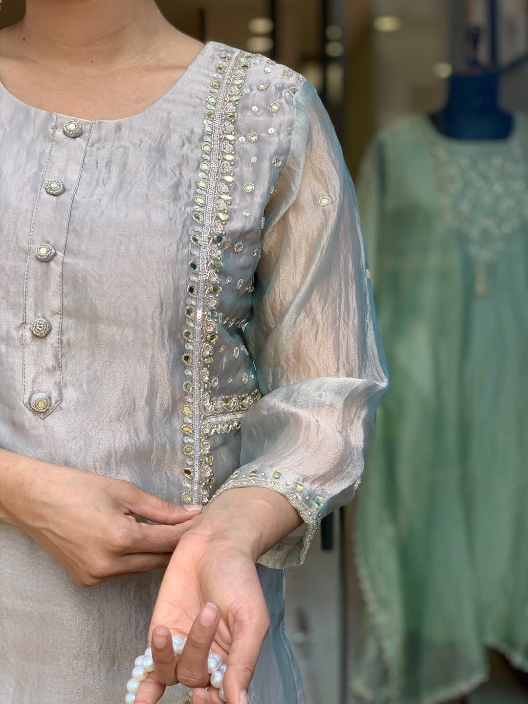 limited exclusive collection glass tissue silk kurta with zardosi work