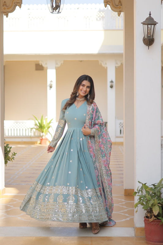 Floor-Length Anarkali gown with a vibrant Floral Dupatta