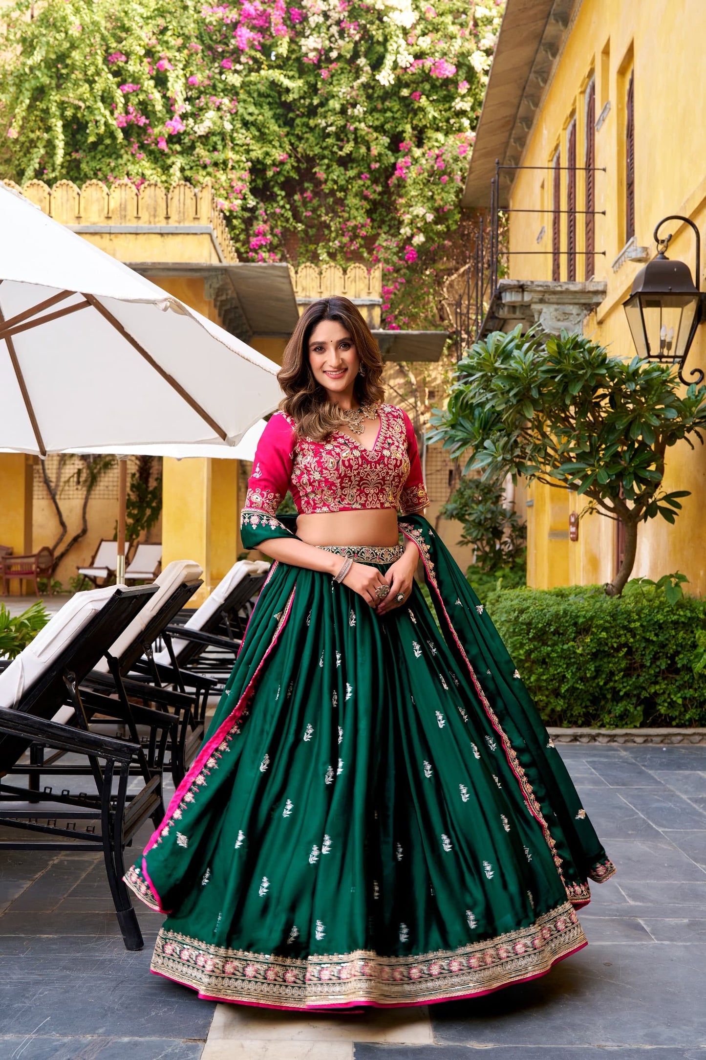 Festive Emerald Green Silk Satin Lehenga Choli with Sequin Embroidery & Dupatta
