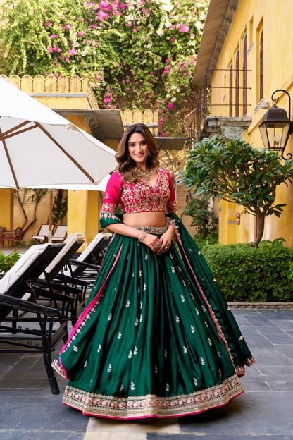 Festive Emerald Green Silk Satin Lehenga Choli with Sequin Embroidery & Dupatta