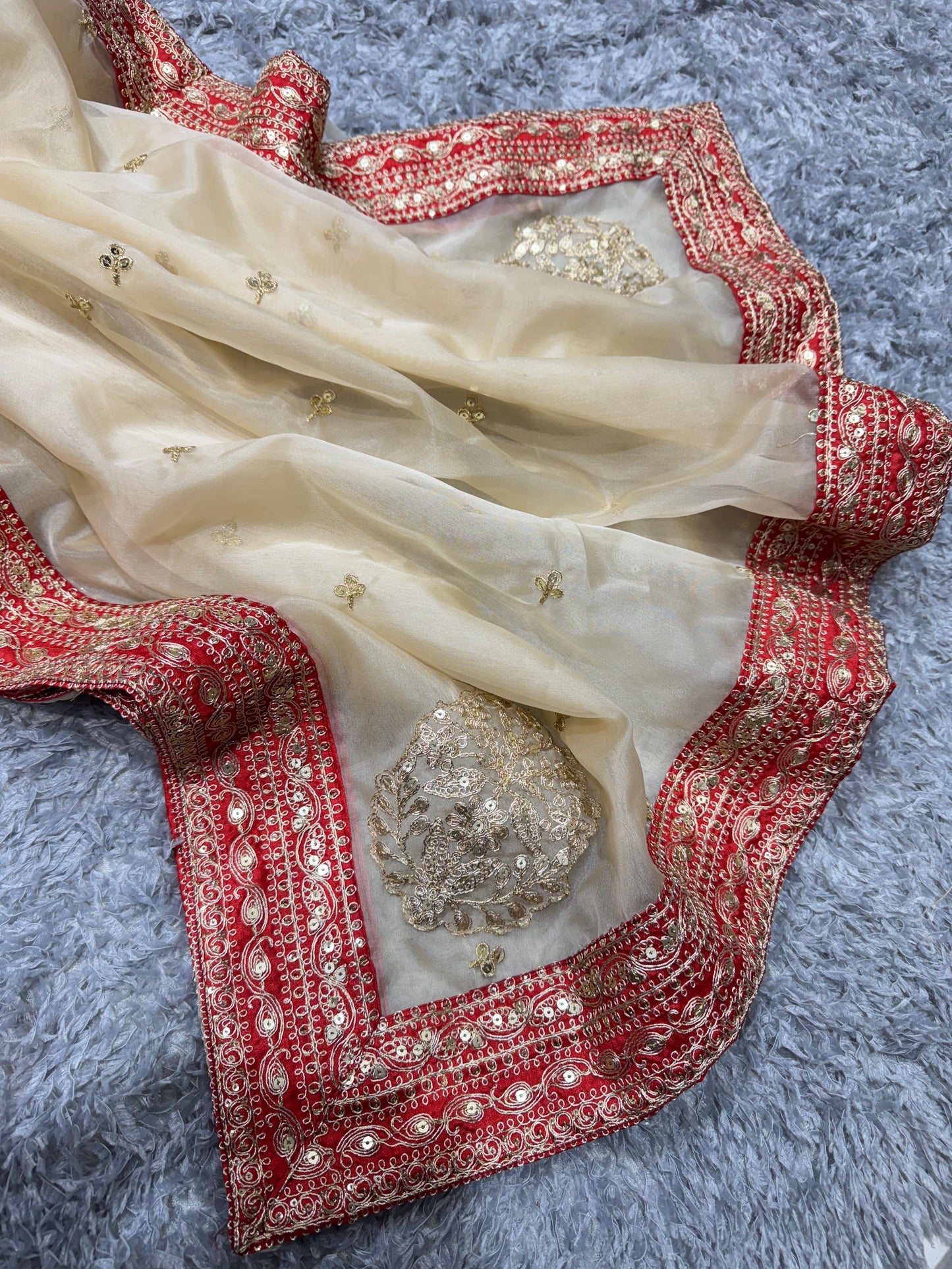 Peach Sheer Organza Saree with Embroidered Red Scallop Border