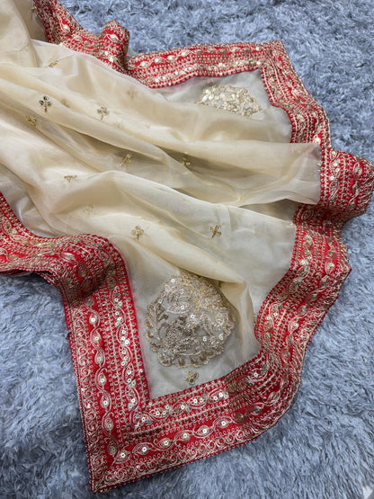 Peach Sheer Organza Saree with Embroidered Red Scallop Border