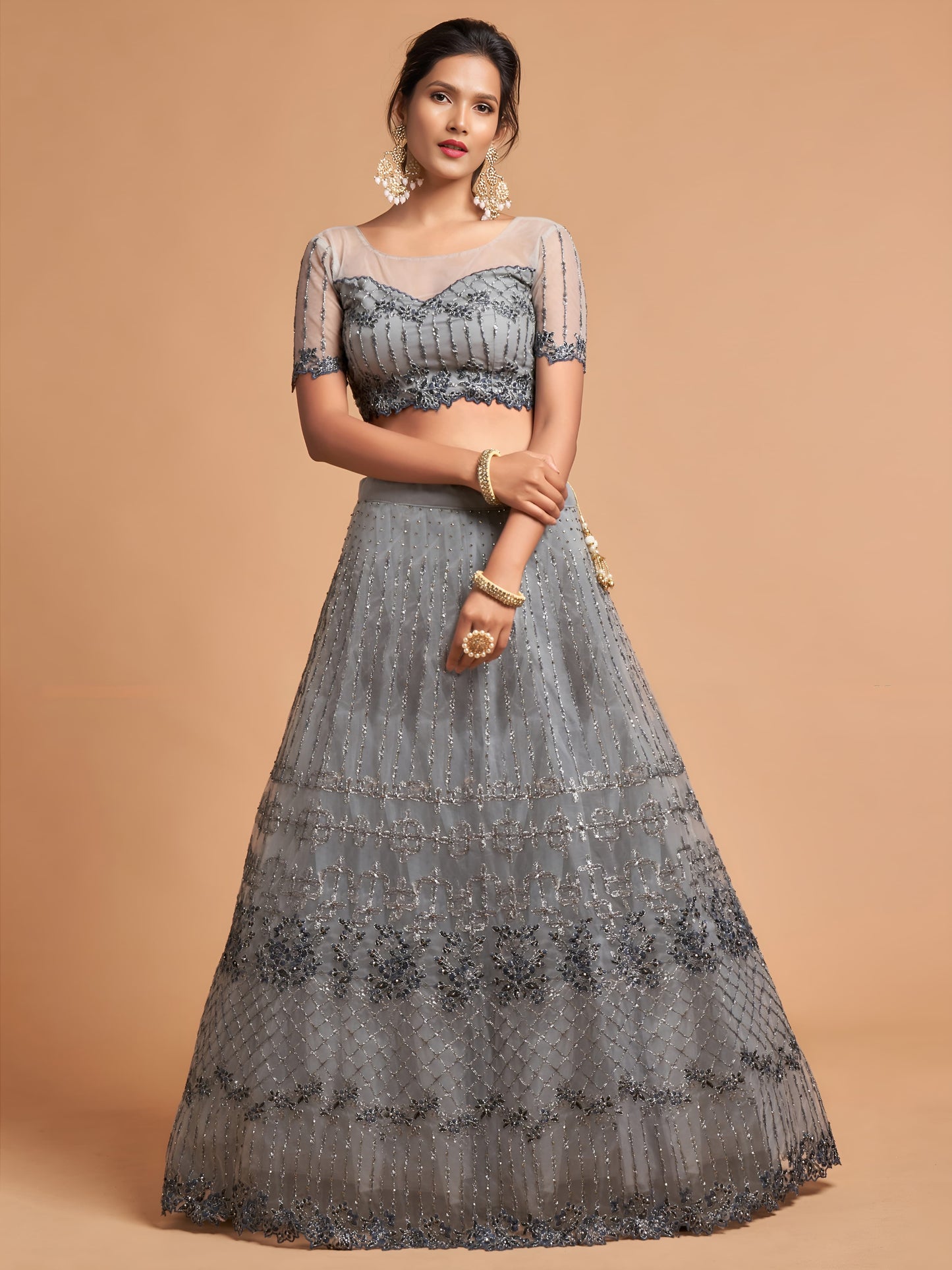 Elegant Grey Embroidered Net Lehenga Choli