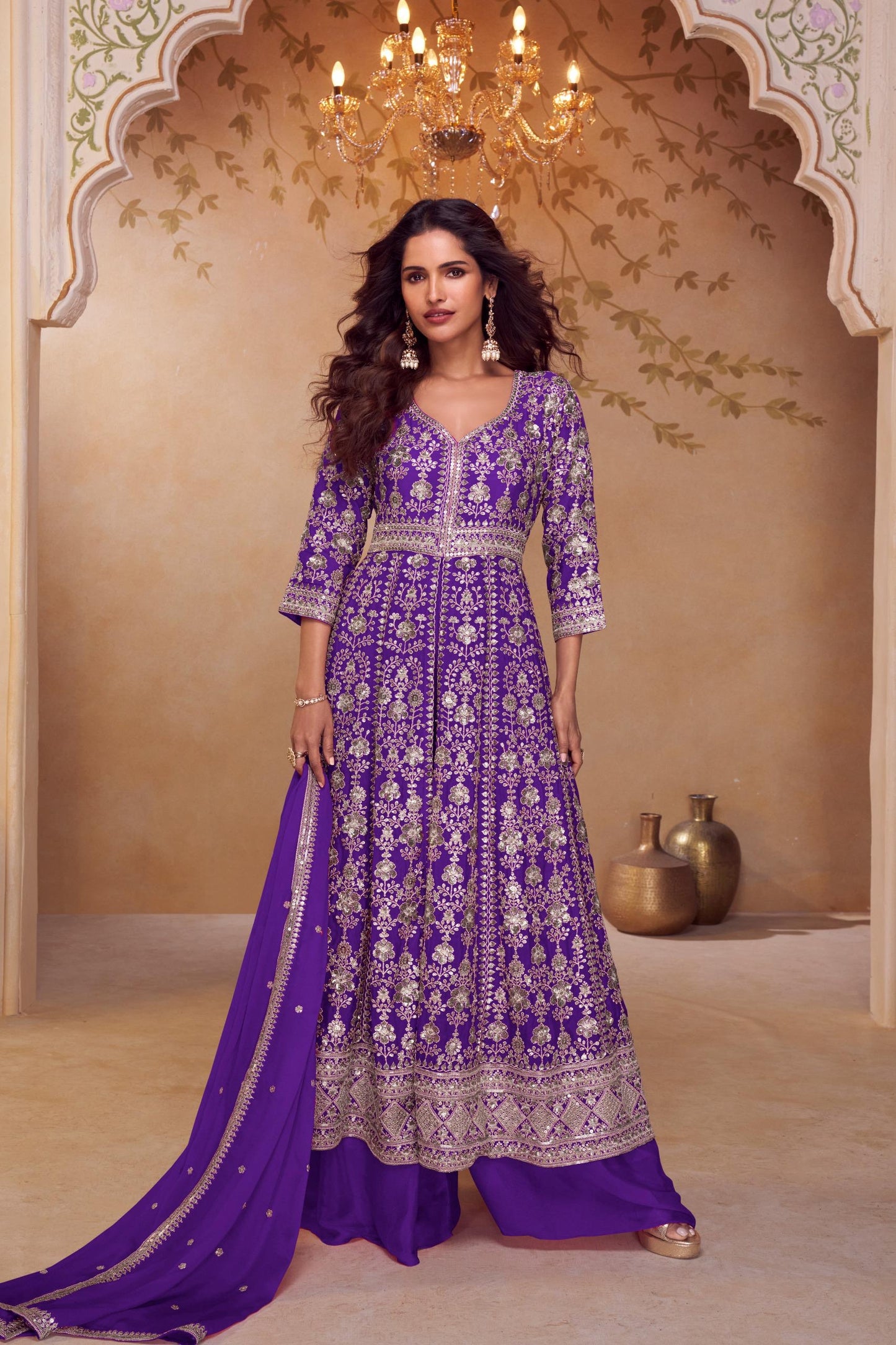 Elaborate silver-toned embroidery luxurious texture Anarkali set