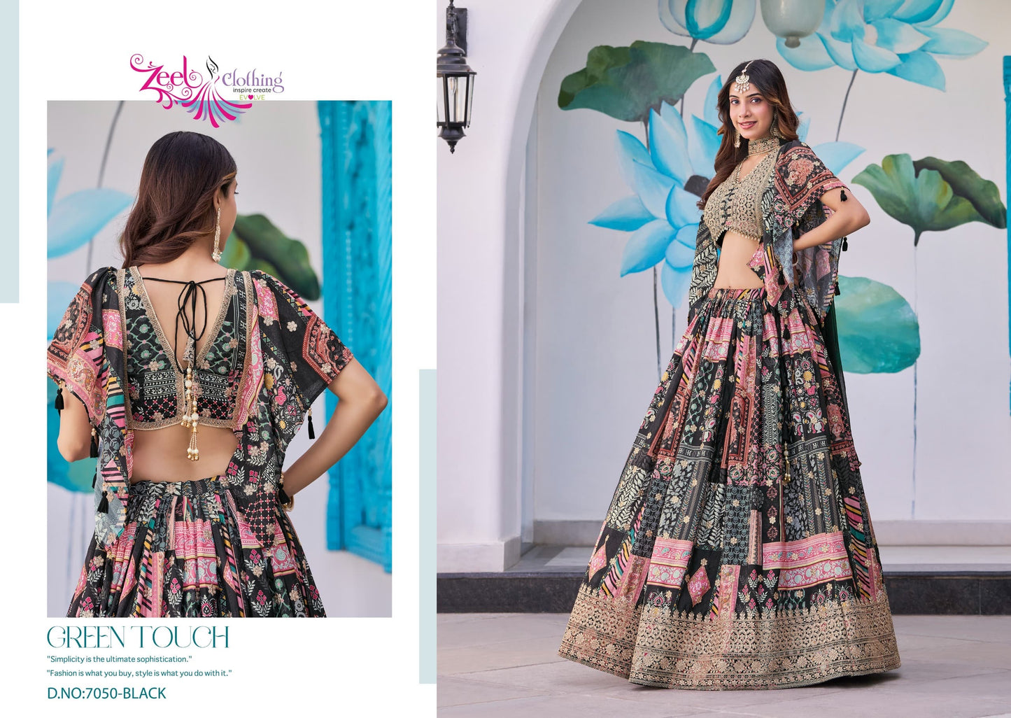 Voluminous printed lehenga paired with matching patterned cape-style dupatta
